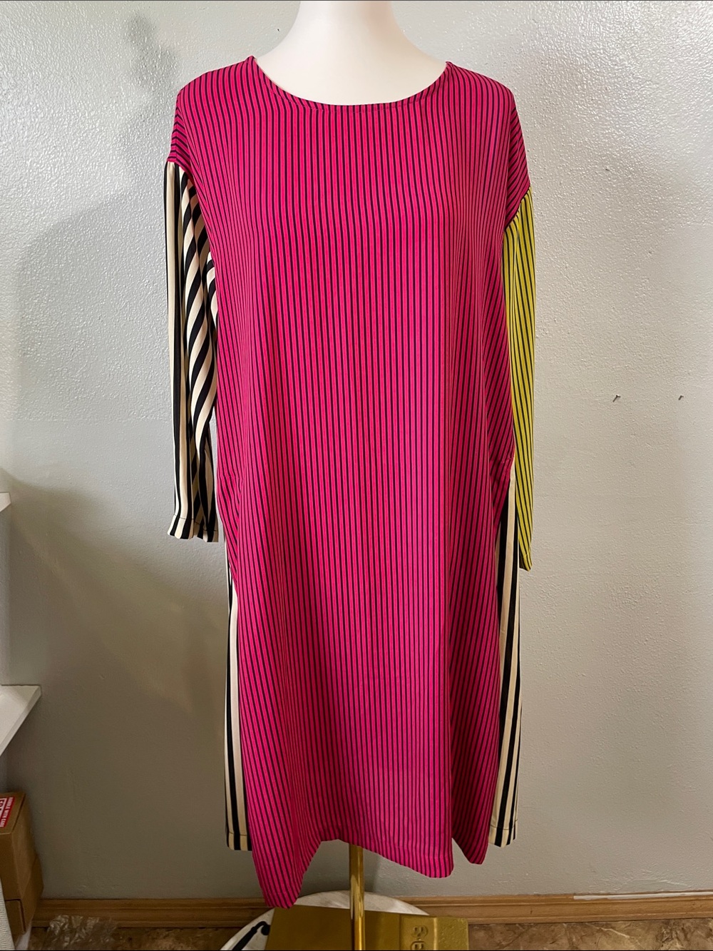 Alembika Pink Striped Colorblock Midi Dress Lagenlook Artwear Sz 3 10/12 Flowy